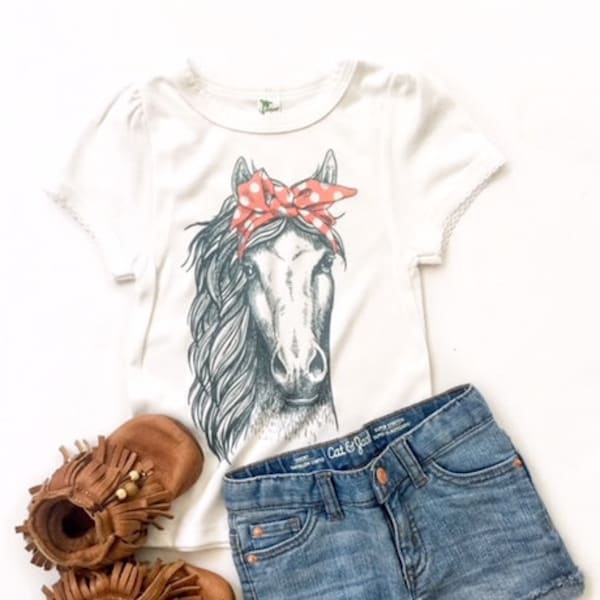 Horse with Bandana Shirt, horse shirt, baby girl clothes, toddler tshirt, red white and blue, toddler horse shirt