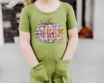 Girls Monogram Pumpkin Dress, t-shirt pocket dress, fall dress for girls, pumpkin patch outfit