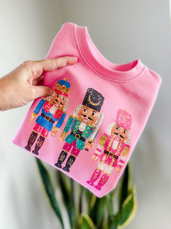 Girl's Pink Nutcracker Sweatshirt, Bright faux glitter nutcracker, bubble gum pink sweatshirt, cute nutcracker holiday sweatshirt