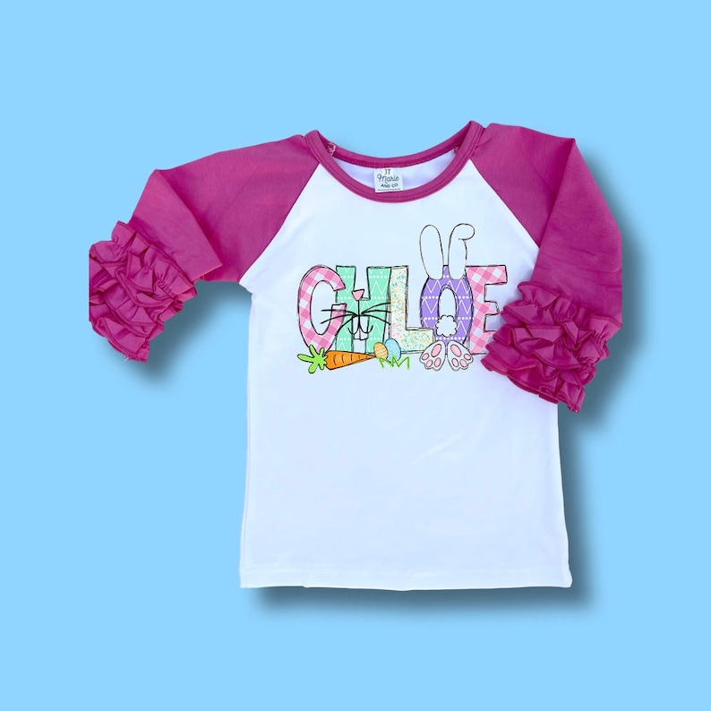 Chemise de Pâques personnalisée pour fille, chemise de Pâques personnalisée pour bébé, chemise de Pâques pour tout-petit, jolie chemise avec nom de Pâques, chemise alphabet de Pâques image 1