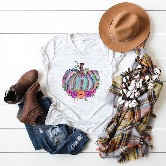 painted pumpkin women's fall shirt, autumn tshirt, women's halloween tshirt, women's fall tshirt, watercolor pumpkin