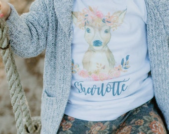 Fall baby outfit, boho deer shirt, boho baby clothing, girls personalized deer shirt, thanksgiving outfit, baby girl outfits for fall