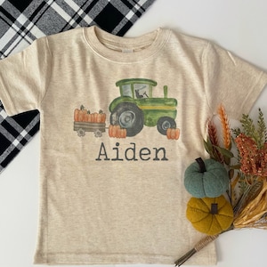 Boys Pumpkin Tractor Shirt/ Boy&#39;s Fall Shirt / Personalized Pumpkin Patch Shirt/ Green Tractor with Pumpkins Shirt