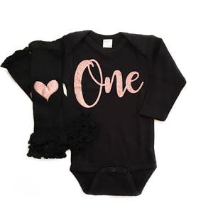 Rose Gold Birthday Outfit, First Birthday Cake Smash Outfit, Baby Girl First Birthday, One, Black and White, Baby Leg Warmers, Rose Gold