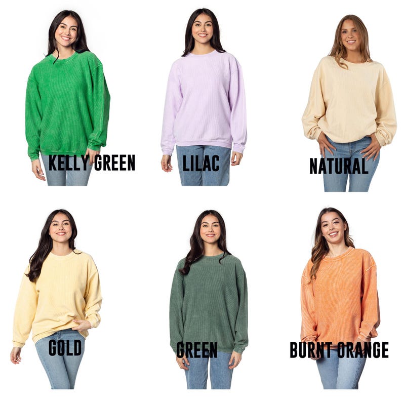 May include: Six women model different colors of a crew neck sweatshirt. The colors are Kelly Green, Lilac, Natural, Gold, Green, and Burnt Orange.