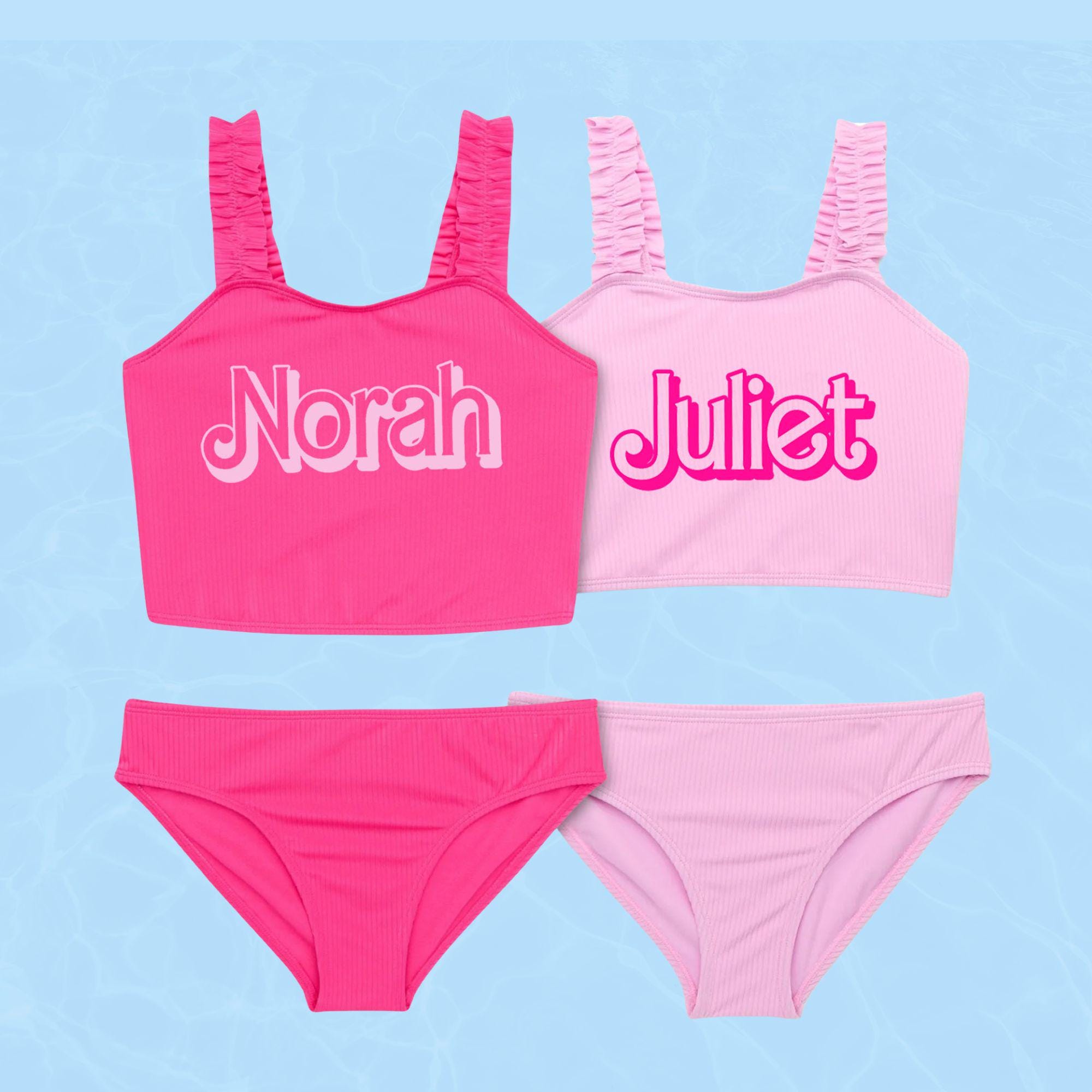 Pink Personalized Girls Tankini Bathing Suit, youth swimsuit, doll inspired swimsuit, girls customized birthday swimsuit