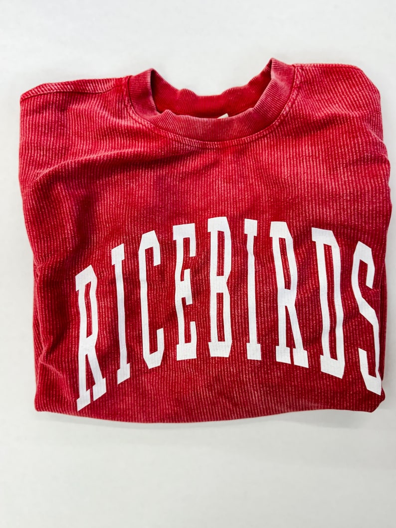 May include: Red sweatshirt with the word "RICEBIRDS" printed in white on the front.