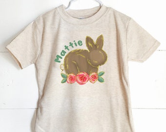 personalized easter shirt for girls, faux gold bunny, toddler easter shirt, floral bunny tshirt