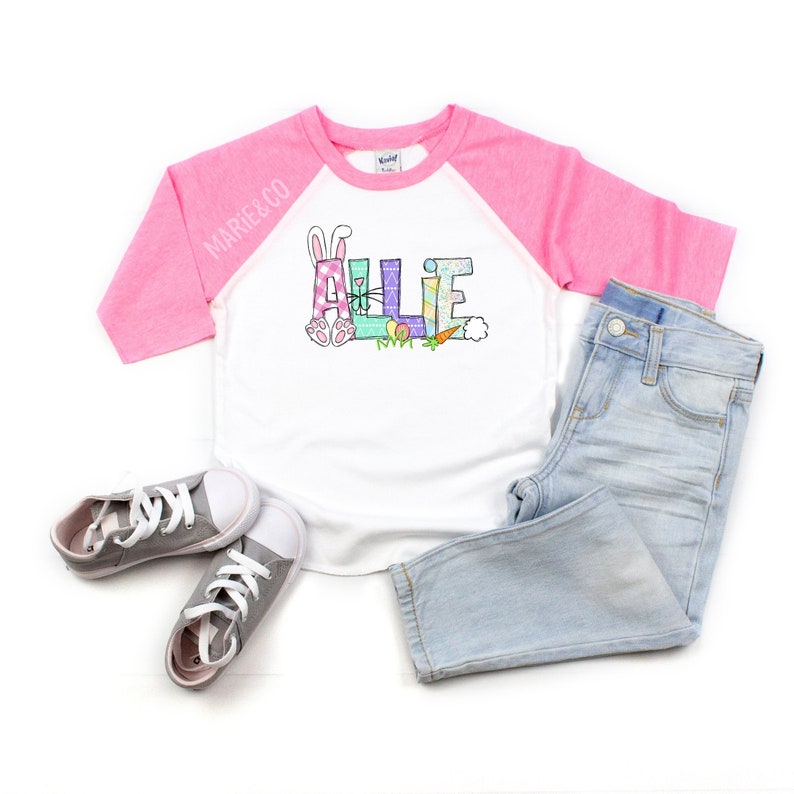 Chemise de Pâques personnalisée pour fille, chemise de Pâques personnalisée pour bébé, chemise de Pâques pour tout-petit, jolie chemise avec nom de Pâques, chemise alphabet de Pâques image 2