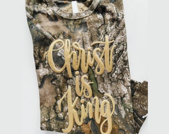 Christ is King Puff Camo Shirt, Christian Hunting Shirt, Camo Puff Glitter, Faith Graphic Tee, Women's Camo Tee, Christian Women's Shirt