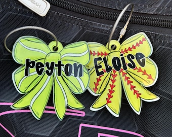Personalized Softball Bow Backpack Name Tag • Easter Basket Stuffer • Sports Bag Charm