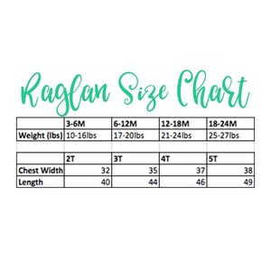 May include: Raglan Size Chart for children's clothing with measurements in inches and pounds. The chart shows sizes from 3-6 months to 18-24 months, with corresponding weight ranges and chest width and length measurements.