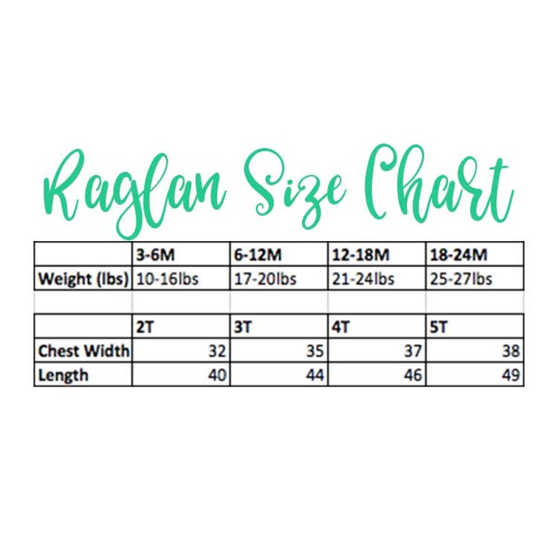 May include: Raglan Size Chart for children's clothing with measurements in inches and pounds. The chart shows sizes from 3-6 months to 18-24 months, with corresponding weight ranges and chest width and length measurements.