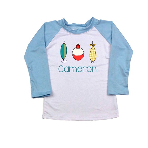 boys long sleeve rash guard, personalized fishing lures rash guard, blue raglan rash guard