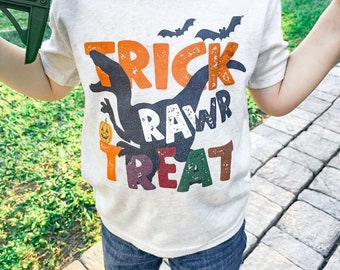 Trick Rawr Treat, Chemise d'Halloween pour garçons, T-shirt d'Halloween dinosaure pour garçons