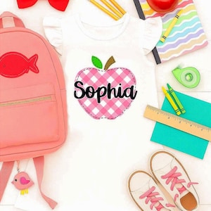 Girls Back to School Dress, Personalized back to school outfit, gingham apple dress, first day of school, faux appliqué apple,