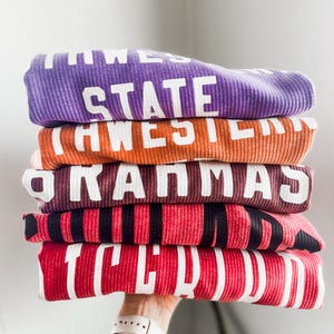 May include: A stack of five folded long-sleeved shirts with different colors and text. The top shirt is purple with the text "STATE" in white. The second shirt is orange with the text "AWESOM" in white. The third shirt is brown with the text "GRAMMAS" in white. The fourth shirt is red with black stripes and the text "I LOVE" in white. The bottom shirt is red with the text "TCU" in white.