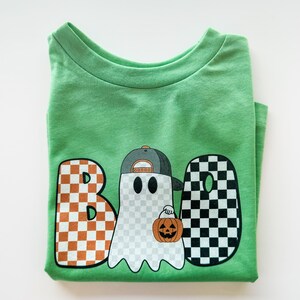 Kids Halloween Boo Shirt for Boys, Cute Ghost with Pumpkin & Checker Print, Retro Halloween Vibes Tee image 1
