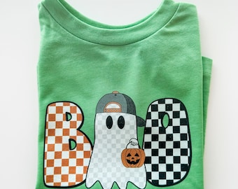 Maglietta per bambini Halloween Boo, simpatico fantasma con stampa di zucca e quadri, maglietta con atmosfera retrò di Halloween