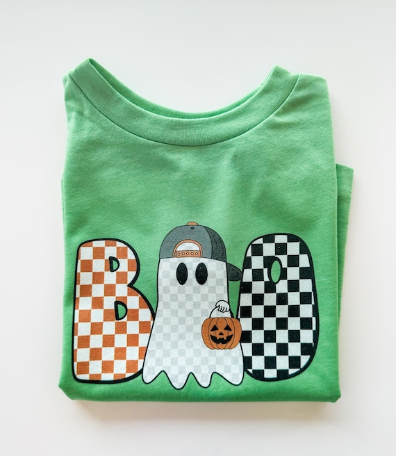 Kids Halloween Boo Shirt for Boys, Cute Ghost with Pumpkin & Checker Print, Retro Halloween Vibes Tee