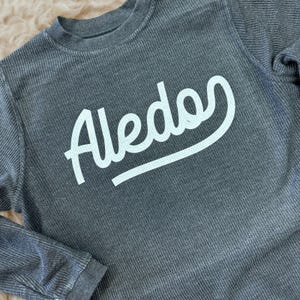 May include: A dark gray long-sleeved shirt with a white cursive word "Aledon" printed on the front.