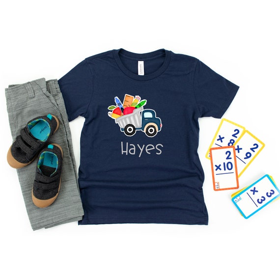 Boys navy dumptruck back to school shirt, kids back to school shirt,  boys truck shirt, boys prek shirt, kindergarten first day of school