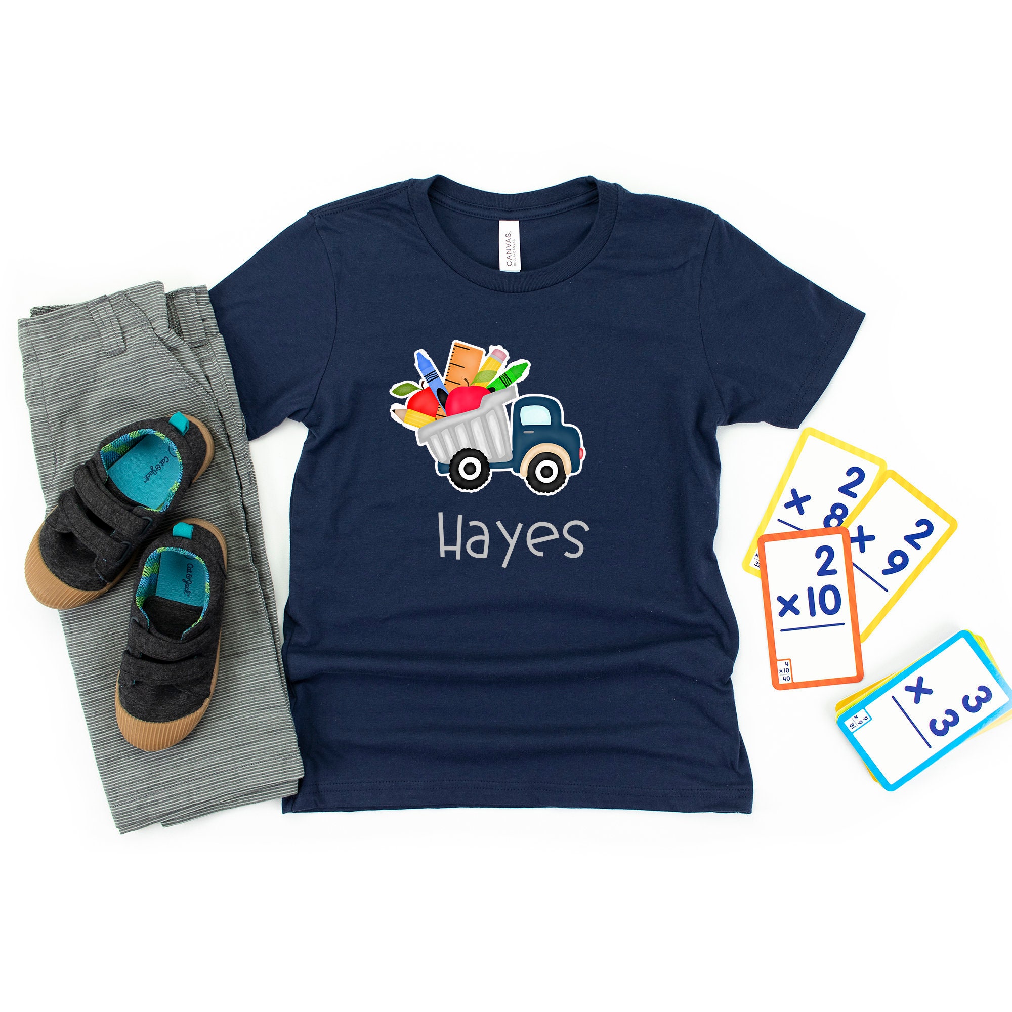Boys navy dumptruck back to school shirt, kids back to school shirt,  boys truck shirt, boys prek shirt, kindergarten first day of school