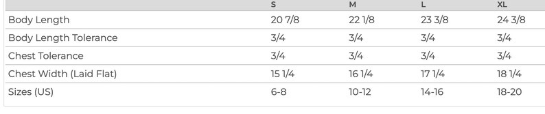 May include: Size chart for a garment with measurements in inches for body length, body length tolerance, chest tolerance, chest width laid flat, and US sizes.