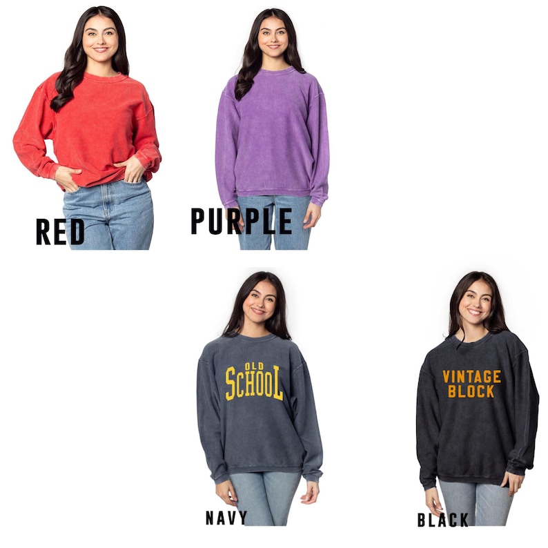 May include: Four crewneck sweatshirts in different colors and designs. The sweatshirts are red, purple, navy blue, and black. The navy blue sweatshirt has the text "Old School" printed on the front in yellow. The black sweatshirt has the text "Vintage Block" printed on the front in orange.