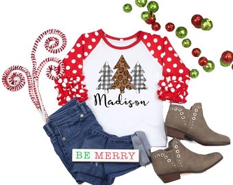 personalized buffalo plaid Christmas tree Shirt, girls christmas shirt, holiday girls shirt, christmas ruffle raglan