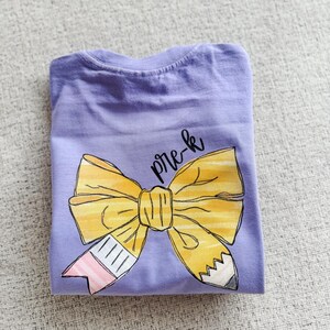 Girl's coquette back to school shirt, customized grade, teacher tee, custom school shirt, pencil bow tshirt, girls back to school tshirt Violet