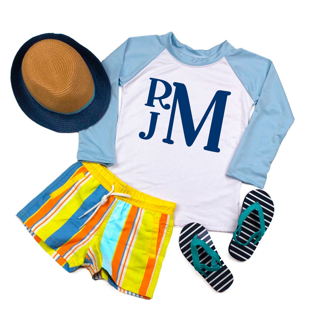 Boys Long Sleeve Rash Guard Stacked Monogram Blue Raglan Etsy