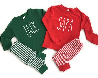 Personalized Kids Christmas Pajamas, Striped Loungewear Set