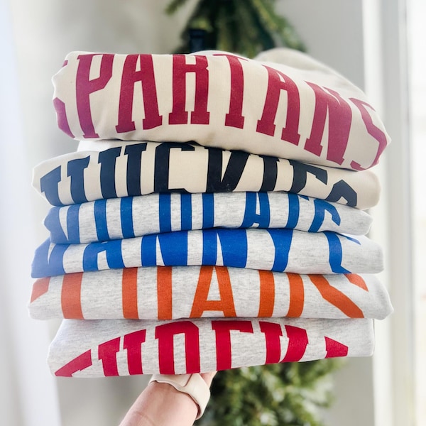 Benutzerdefinierte Schule Maskottchen Sweatshirt, Schulgeist Rundhalsausschnitt, Varsity Buchstabe Sweatshirt