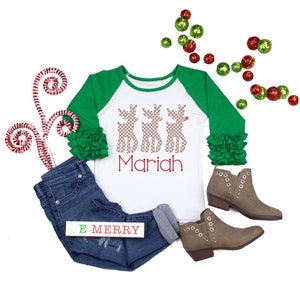 Personalized reindeer trio Christmas Shirt, girls christmas shirt, personalized rudolph christmas shirt, christmas ruffle raglan