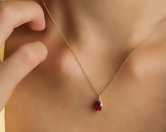 Ruby Solitaire Necklace, 14K Solid Yellow Gold Ruby Necklace, Pear Shape Ruby Necklace, July Birthstone, Ruby Pendant, Gemstone