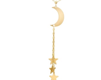 Star Necklace, 14K Solid Yellow Gold Star and Crescent Moon Necklace, Minimalist Dangling Star Necklace, Hanging Star and Moon Necklace