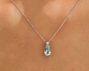 14K White Gold Diamond and Blue Topaz Solitaire Necklace ,Pear Shape Natural Blue Topaz Necklace ,Gemstone Necklace, November Birthstone