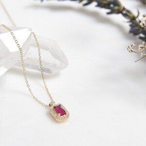 14K Yellow Gold Ruby Necklace, Emerald Cut Ruby Solitaire Necklace, Diamond CZ Ruby Necklace, Minimalist Ruby Necklace , July Birthstone