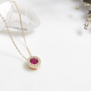 14K Solid Yellow Gold Ruby Necklace, Ruby Solitaire Necklace, Diamond Cz Ruby Necklace, Minimalist Ruby Necklace, July Birthstone, Gemstone
