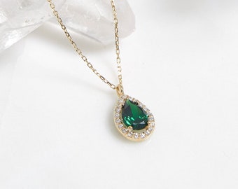 14K Solid Yellow Gold Emerald Necklace, Pear Shape Emerald Solitaire Necklace, Diamond CZ Emerald Necklace, May Birthstone, Green Emerald