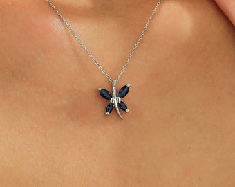 14K Solid White Gold Sapphire Butterfly Necklace, Marquise Cut Sapphire Butterfly Necklace, Gemstone Necklace, Sapphire Necklace