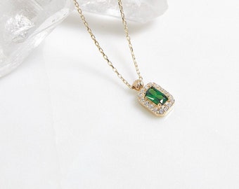 Emerald Necklace, 14K Yellow Gold Emerald Cut Solitaire Emerald Necklace, Diamond CZ Emerald Necklace, May Birthstone, Gemstone