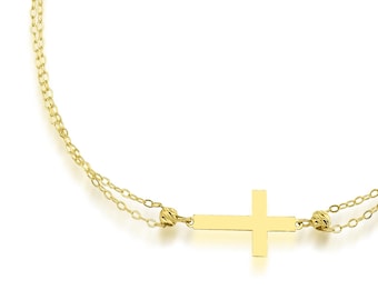 14K Solid Yellow Gold Small Cross Bracelet, Minimalist Cross Bracelet, Dainty Cross Bracelet, Gold Bracelet