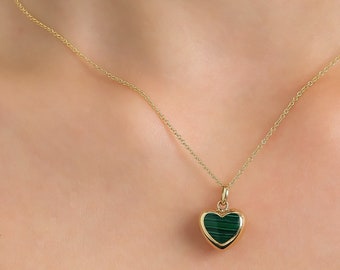 Heart Necklace, 14K Yellow Gold Puffed Heart Necklace,  Malachite Puffed Heart Necklace, Heart Pendant ,Malachite Necklace, Green Malachite