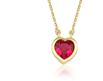 Ruby Necklace,14K Solid Yellow Gold Solitaire Ruby Necklace, Heart Shape Ruby Necklace, July Birthstone, Gemstone Necklace ,Heart Necklace