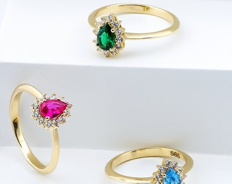 14K Yellow Gold Pear Shape Emerald Ring, Diamond Cz Wedding Ring, Engagement Rings, Womens Wedding Bands, Gemstone Rings