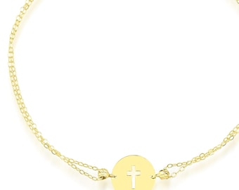 14K Solid Yellow Gold Small Cross Bracelet, Minimalist Cross Bracelet, Dainty Cross Bracelet, Round Disk Cross Bracelet, Gold Bracelet