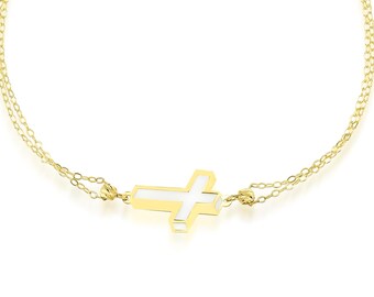 14K Solid Yellow Gold Small Cross Bracelet, Minimalist Cross Bracelet, Dainty Cross Bracelet, 3D Cross Bracelet, Gold Bracelet