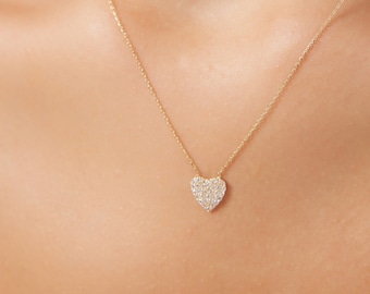 14K Solid Yellow Gold Heart Necklace, Diamond CZ Heart Necklace, Minimalist Heart Necklace, Womens Necklace, Dainty Heart Necklace